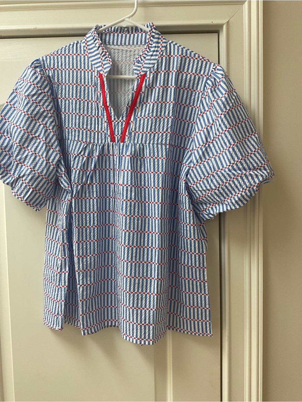 Women’s Blue & White Striped Pintuck Popover Blouse with Red Trim